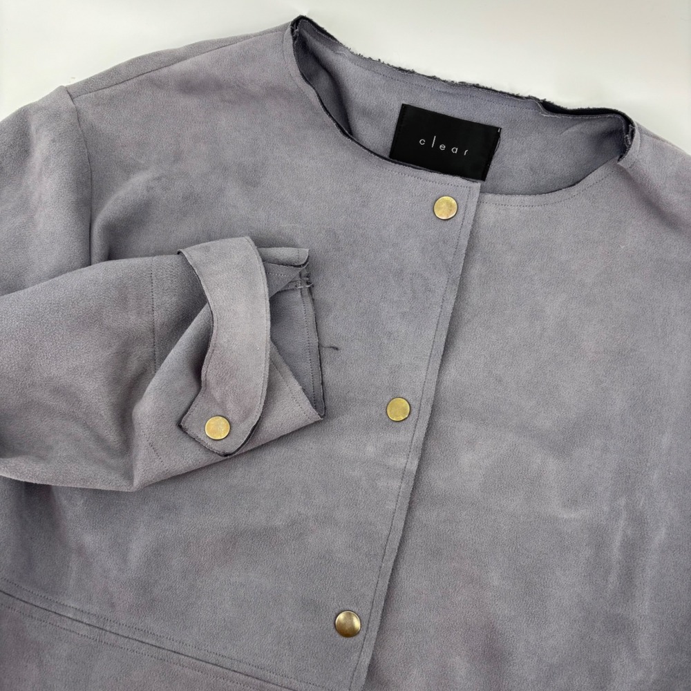 Clear Faux Suede Longline Duster Coat Womens Size F Grey Excellent Snap‎ Front